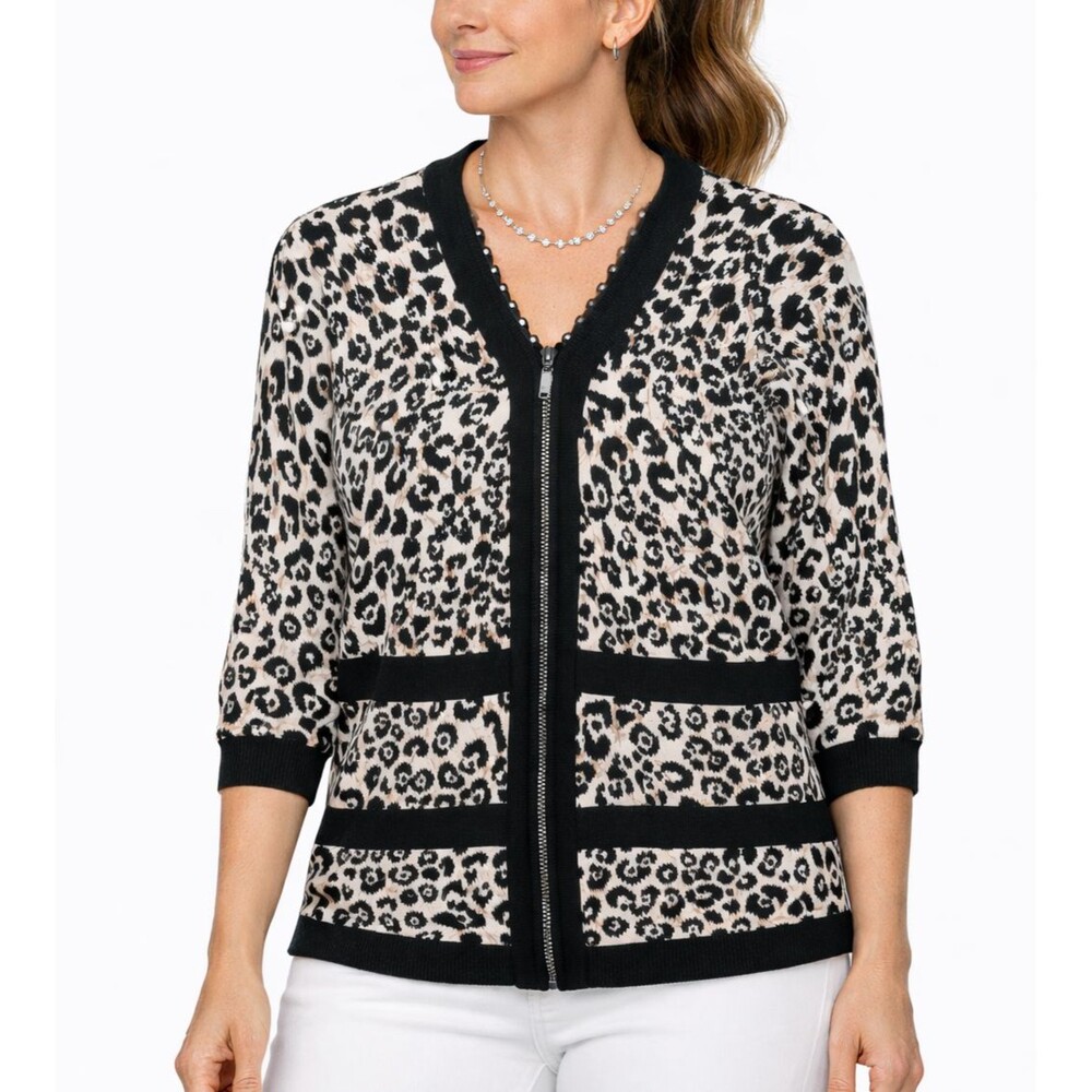 Fontana Leopard Print Zip Up Cardigan Sweater Womens L Black Ivory Studded Trim